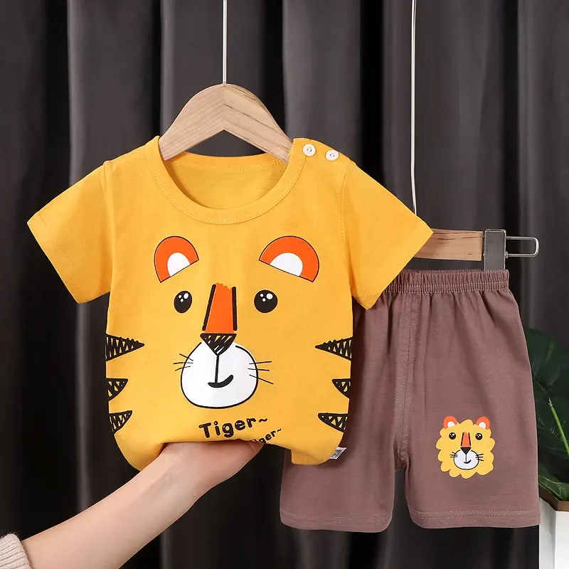 Grosir Setelan Baju Olahraga Anak Perempuan, Baju Piyama Lengan Pendek Hewan Liburan Rumah, Set Baju Bayi Laki-laki