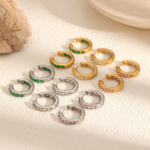 Pendientes de Aro Redondos con Incrustaciones de Diamantes, Acero Inoxidable, Unisex, Uso Diario, Diseño Geométrico, Engaste de Canal TE60203 G PK - Product Image 1