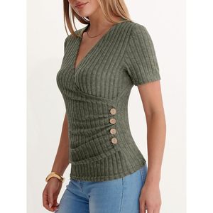 FOXA Suéter informal de punto acanalado con cuello en V y manga corta para mujer, ajuste ceñido, con detalle de botones, para verano - Product Image 5