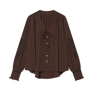 Blusa de Encaje Vintage para Mujer, Color Marrón, Poliéster, Antiarrugas, Ecológica, Cuello en V, Mangas Convencionales, Corte Regular - Product Image 1