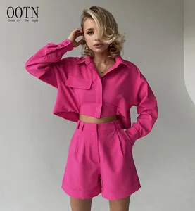 OOTN महिलाओं के फैशन लंबी आस्तीन अंचल ब्लाउज उच्च कमर शॉर्ट्स दो टुकड़ा सेट सुरुचिपूर्ण स्लिम जेब लघु सूट गुलाबी लघु सेट