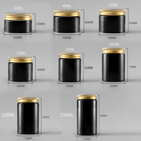 Pot de stockage à large ouverture en PET noir 30ml - 150ml, récipient pour crème cosmétique avec bouchon à vis en PP, couvercle en aluminium doré ou argenté