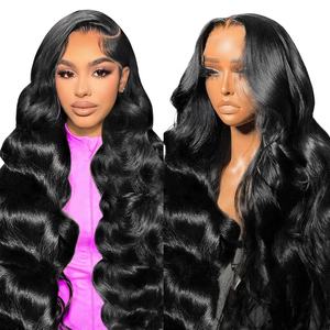 Pelucas de encaje frontal 13x6 de cabello humano virgen, pre-arrancadas, 200% de densidad, onda corporal, sin pegamento, frontal transparente, cabello de bebé, negro natural - Product Image 1