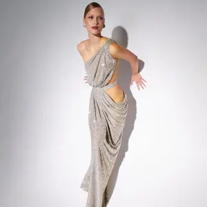 OULAIYADI新款Blique肩银色单肩弹力女性派对亮片连衣裙长裙女性