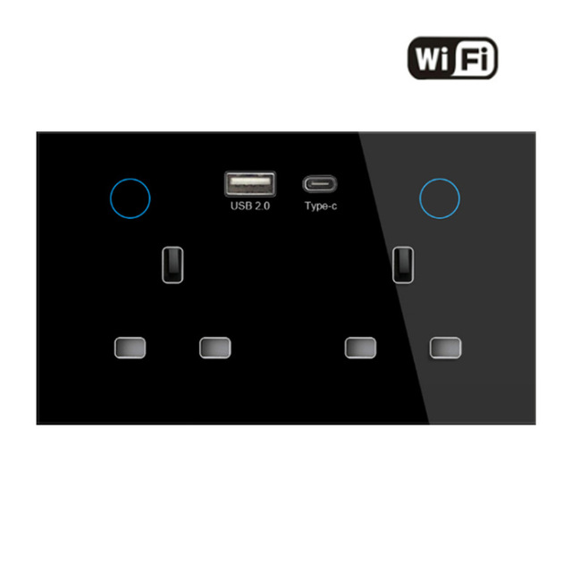 147  UK Socket WiFi Dual USB+C Glass Panel 6-Hole A+C Power Metering Zigbee 16A Tuya Smart Wall Plug Socket PD20W Wall Socket