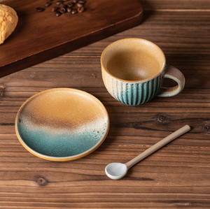 Ensemble tasse à café et <span class=keywords><strong>soucoupe</strong></span> en céramique vintage simple avec cuillère, mug rayé créatif pour latte, expresso et thé de l'après-midi - Product Image 4