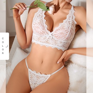 Crisscross Back Straps Lingerie Set Sheer See-Through Wireless Bra &amp; Brief Sets Sexy Lace Trimmed Bralette For <strong>Women</strong> - Product Image 2