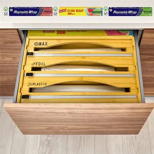 Bamboo Drawer Storage Roll Organizer Holder 2 In 1 Aluminum Foil Wax Paper Plastic Wrap Dispenser With Cutter