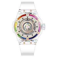 Montre mécanique tourbillon haut de gamme pour homme, boîtier en cristal transparent, bracelet en fluororubber, design luxueux avec diamants