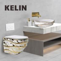 Forme ondulée or luxe mur suspendu lavage sans rebord cuvette de toilette bassin ondulé ensemble céramique galvanoplastie plein motif doré toilette