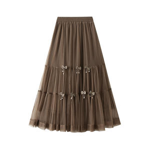 Nouveautés A-ligne <span class=keywords><strong>jupe</strong></span> <span class=keywords><strong>mi</strong></span>-<span class=keywords><strong>longue</strong></span> pour femme demi-longueur jupes <span class=keywords><strong>tutu</strong></span> plissées à taille haute de couleur unie - Product Image 2