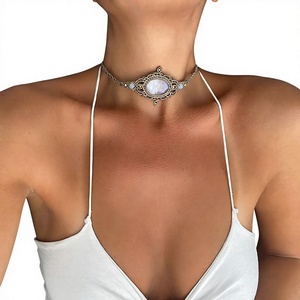 Vintage Tibetan Macrame Boho Style IGI Certified <b>Choker</b> Necklace Women's Antique <b>Silver</b> Plated Oval Crystal Bezel Setting - Product Image 1