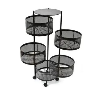 5 Tier lớn màu đen vòng xoay lưu trữ giá giỏ trái cây và rau giỏ bát cho nhà bếp với kim loại nắp trên, trên bánh xe