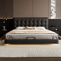 Meubles de chambre à coucher en bois de luxe moderne, lits rembourrés doux, lit double king-size rembourré avec matelas suspendu avec éclairage design