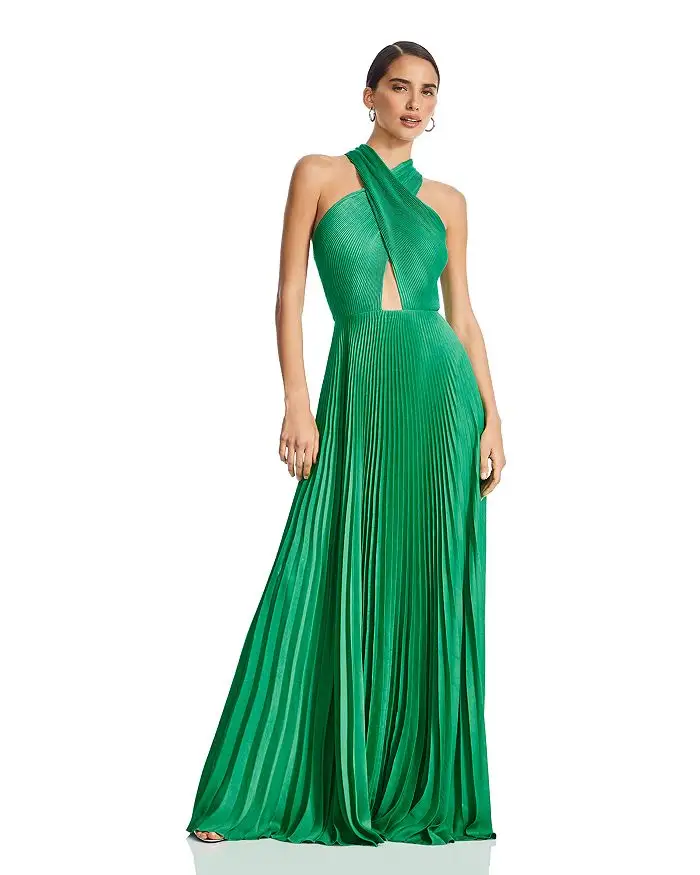 Fashion Elegant Stylish Party Prom Pleated Cut-out Gown Hollow Out Sashes Halter Evening Floor-length Dress