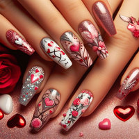 Faux ongles pré-dessinés Saint-Valentin Cœur scintillant transfrontalier, forme amande, style Ins moyen, faux ongles européens et américains