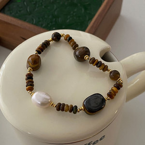 High Quality 316L Stainless Steel 14k 18k Gold Plated Fashion <b>Bracelets</b> & Bangles Tiger Eye And Pearl <b>Beaded</b> <b>Bracelet</b> for Women - Product Image 6