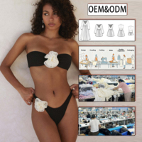Set Bikini Bandeau Tanpa Tali Plus Hiasan Bunga 3D, Bawahan Thong High Cut, Bahan Polyester/Nylon, Pakaian Renang Pantai Wanita
