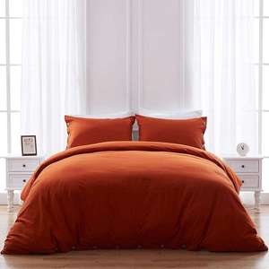200TC Stone Washed Rust Linen Duvet Cover Set with 2 <b>Pillow</b> Covers Button Closure for Hospital Home Bedding Use - Product Image 4