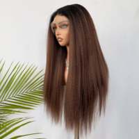 Perruque Lace Frontale Kinky Straight Marron Chocolat Sans Colle, Raie Libre, Couleur Naturelle, 100% Cheveux Humains Véritables