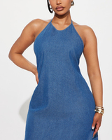 Damen Neckholder Rückenfreies Denim Maxikleid mit Bindeband im Nacken, A-Linie, Ärmellos, Quiet Luxury Abbigliamento Donna Großhandel