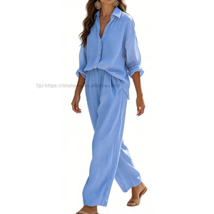 Women's Coral Shirt & Wide-Leg <b>Pants</b> 2 Piece Set - Casual Summer Outfit Breathable Coord Fashion - Product Image 5