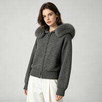 Gros Manteau Tricoté en Mélange de Laine Doux Personnalisé, à Capuche, Col en Vraie Fourrure de Renard, Luxueux et Chaud pour l'Automne, Cardigan Courte Vintage pour Femme