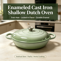 Cocotte néerlandaise peu profonde de 31 cm en fonte émaillée, antiadhésive, écologique, certifiée LFGB et FDA, compatible tous feux et fours