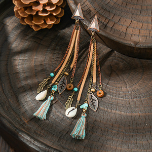 Boucles d'oreilles pendantes bohèmes pour femmes, en alliage plaqué bronze antique avec coquillage et plume, bijoux de fête - Product Image 3