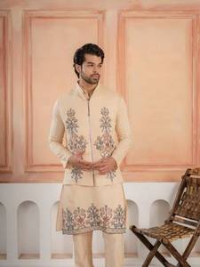 Ensemble Kurta Pyjama Imprimé pour Homme, Vêtement Ethnique en Coton à Manches Longues, Motif Floral, Tenue Traditionnelle pour Mariage, Fête et Cérémonie - Product Image 3