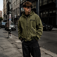Veste à capuche zippée délavée à l'acide personnalisée, manteau streetwear à bords bruts et effet usé