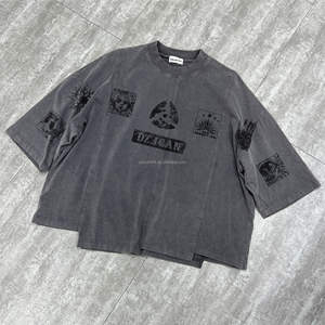 T-shirt en coton Streetwear lourd vintage personnalisé Boxy chemise d'impression d'épaule tombante Patchwork délavé à l'acide T-shirts surdimensionnés - Product Image 5