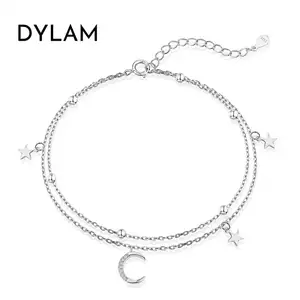 Dylam Layered Boho Anklets18K Gold Rhinestone Star Anklet Moon Beach Elastic silver Jewelry Star Ankle Bracelet for Women