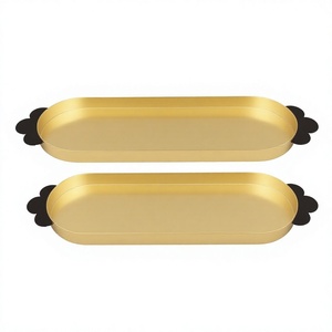 Modern Gold <b>Coffee</b> Tray Set <b>with</b> Black Handles <b>Oval</b> Metal Display Trays for Wedding <b>Table</b> Decor 2 Piece Candle Tray Platter - Product Image 3