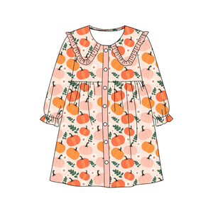 Preordine Vestiti per Bambine a Maniche Lunghe con Motivi Autunnali di Fiori e Zucche, Colletto Morbido ed Elastico, Abiti Personalizzati alla Moda per Bambini, Lunghezza al Ginocchio - Product Image 2