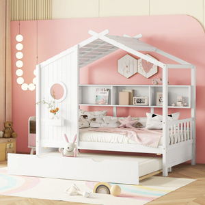 Modern Wooden Full Size <b>House</b> <b>Bed</b> With Trundle, Modern Design for Kids with Storage Shlef, White - Product Image 2