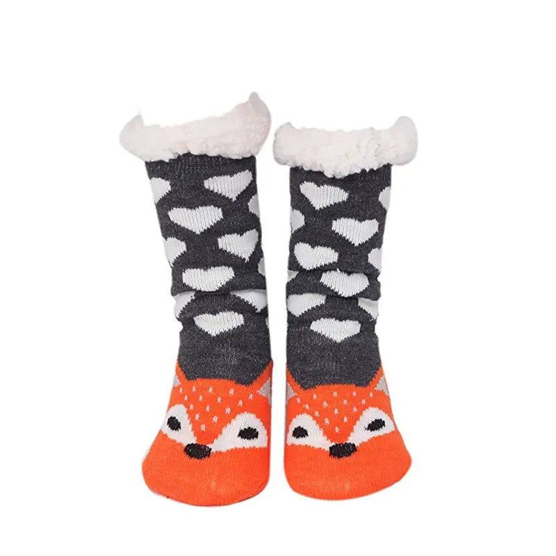 Custom women non slip gripper socks winter soft warm fox slipper thick socks