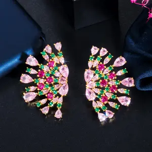 Trendy Luxurious Chunky Green Pink CZ Cubic Zircon Brass Big Stud Earrings for Women Party Wear Costume Jewelry Accessories Gift