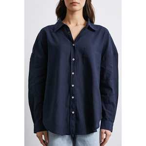 เสื้อเชิ้ตผ้าลินินโอเวอร์ไซส์ผู้หญิง สีกรมท่า สไตล์ลำลอง ติดกระดุม แบบเรียบง่าย ใส่ได้ทุกวัน - Product Image 2