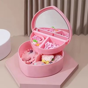 Girls Pink White Cosmetic Organizer Heart-Shaped Jewelry Storage Box Mirror Plastic Bracelets Hair Band Display <b>Desk</b> Drawer - Product Image 4