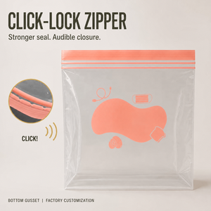 Sac refermable personnalisé en PE de qualité alimentaire, sans BPA, étanche, avec soufflet de fond et fermeture éclair Click-Lock - Product Image 1