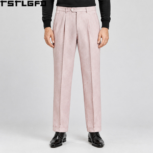 Pantalones de Traje de Lino Plisados Rosa Personalizados para Hombre, de Cintura Alta, con Doble Pliegue y Dobladillo Reforzado, Pantalones de Vestir Formales a Medida, Venta al por Mayor a Granel - Product Image 1
