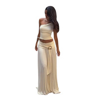 Ensemble deux pièces sexy d'été pour femme : robe longue moulante froncée sans manches à épaules dénudées avec ceinture ajustable