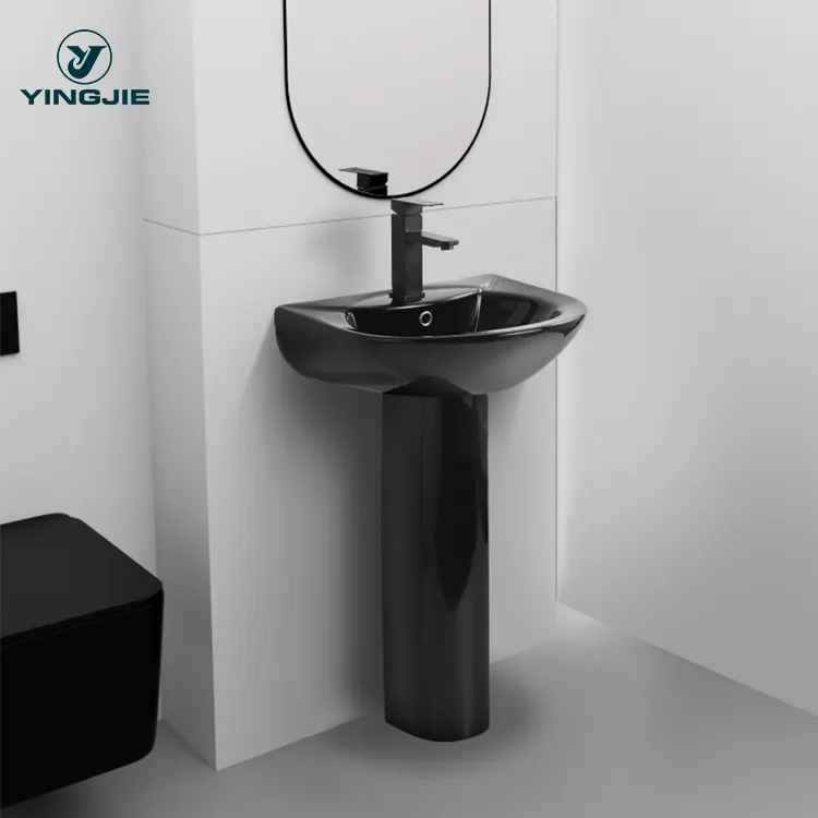 Shiny Black Small Size Sink Ceramic Hand Wash Basin With Pedestal For Bathroom