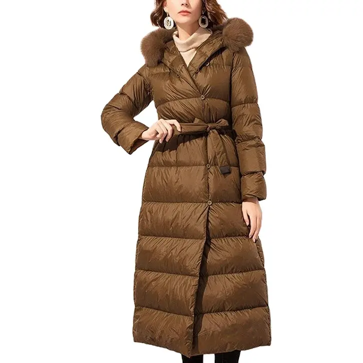 Custom High Quality Solid Color Clothing Windproof Winter To The Knee Length Fur Collar Women's jackets coats With Hat