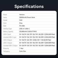 Batterie externe Vention 65W 20000mAh à charge rapide avec câble USB-C intégré
