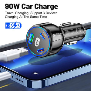 Cargador de Coche Eléctrico USB Tipo-C de 90W con <span class=keywords><strong>3</strong></span> Puertos, Doble PD de 30W y QC3.0, con Pantalla LED para Teléfono y Auriculares - Product Image 2
