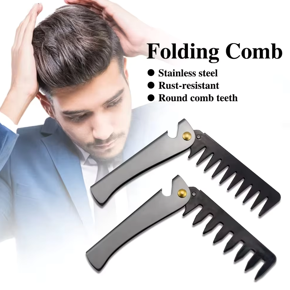 Portable Folding Wide Tooth Beard Comb Stainless Steel Handle Plastic ...