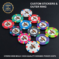 Jetons de poker en céramique personnalisés avec autocollant, 39 mm, 9 g, logo imprimé, dénomination, centre de 24 mm, couleur de la bague de bord OEM, fournisseur de jetons de casino en Chine