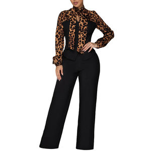 Элегантный комбинезон Channel 2025 с завязками спереди, длинными рукавами, леопардовым принтом и вставками, для женщин, с широкими штанинами, для вечеринок - Product Image 1